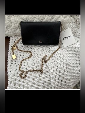 Chloe Flap Leather Wallet on a Chain - Black/Gold - New with Tags